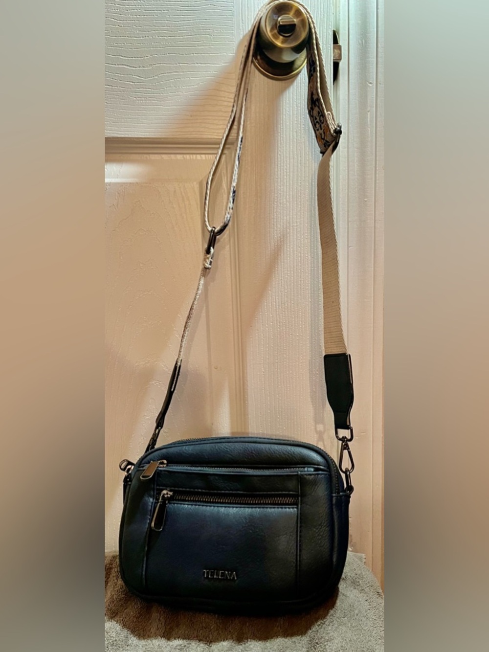 TELENA Navy Blue Crossbody Bag Multi Zip Compartments Adjustable Strap